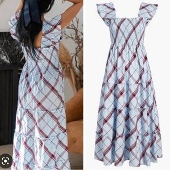 Hill House Ellie Nap Dress in Matilda Plaid Sz L Ruched Bodice Tiered Ruffles - Picture 1 of 9